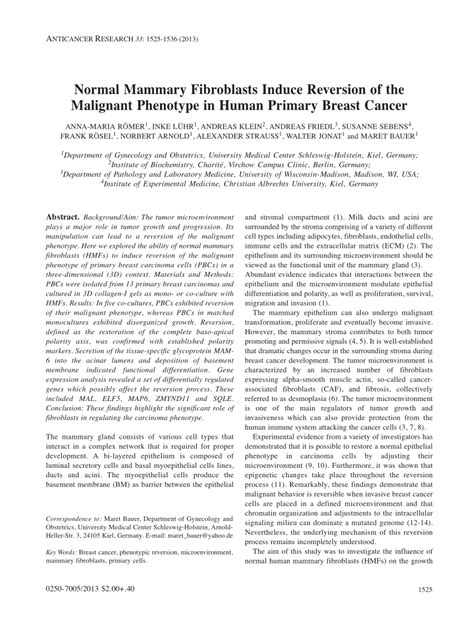 Pdf Normal Mammary Fibroblasts Induce Reversion Of The Malignant