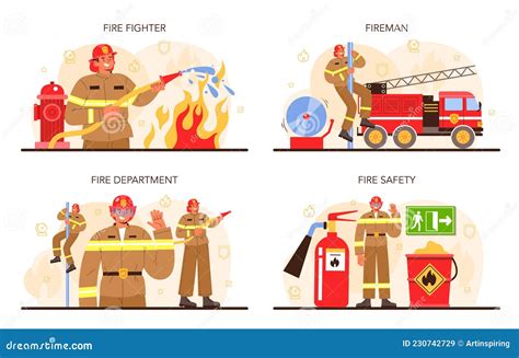 Firefighter Concept Set Professional Fire Brigade Fighting With Flame