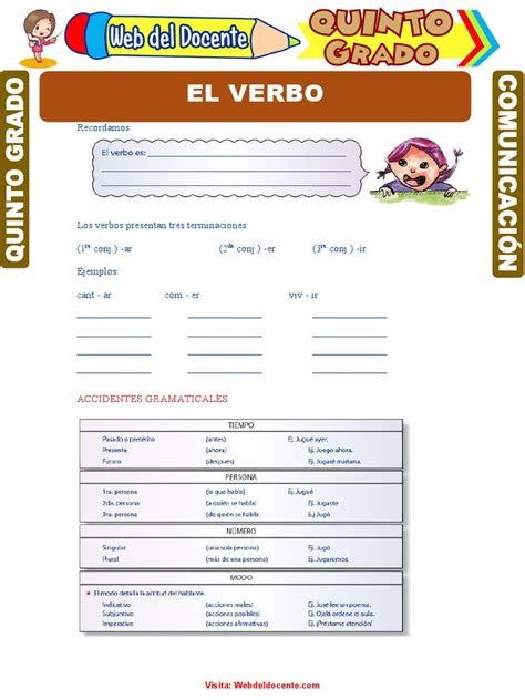 El Verbo Y Sus Accidentes Gramaticales Para Quinto Grado De Primaria Pdf