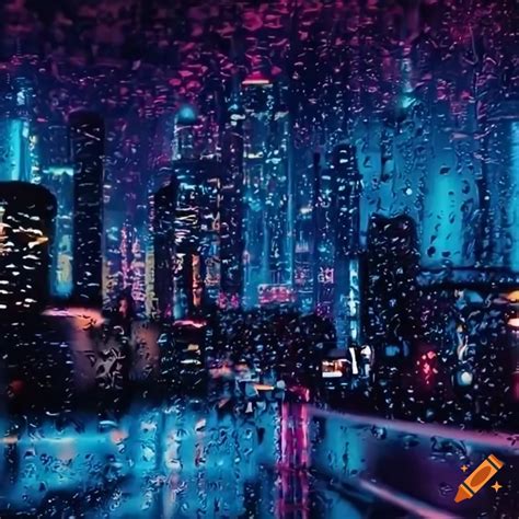 Neon City Skyline At Night From The View Of A Car Window In The Rain On