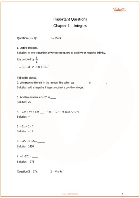 Important Questions For Cbse Class 7 Maths Chapter 1 Integers