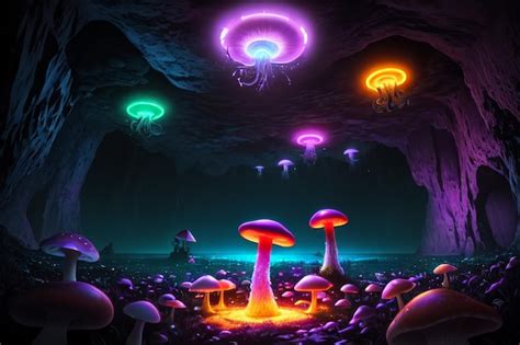 Premium AI Image | A colorful image of a mushroom cave with a mushroom shaped light.