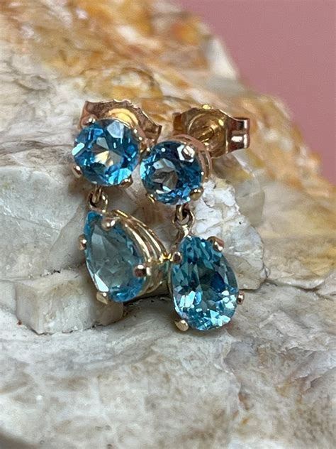 10K 9ct Gold Blue Topaz Teardrop Stud Earrings Etsy