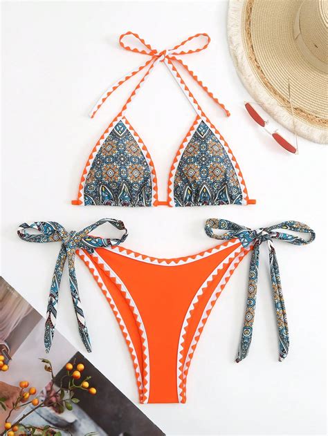 SHEIN Swim SXY Bikini à imprimé géométrique ras du cou triangulaire à