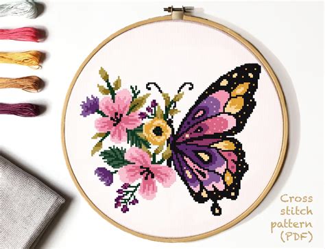 Floral Modern Cross Stitch Pattern Flower Butterfly Counted Cross