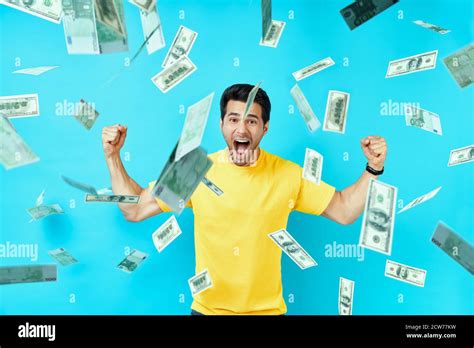 Happy Excited Man Standing Under Money Rain Banknotes Falling Down