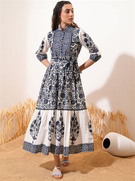 Buy Vishudh Blue Floral Printed Gathered Cotton Maxi Fit And Flare Dress