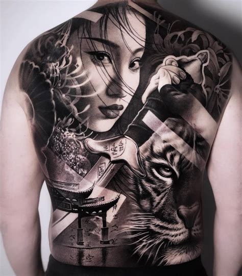 Onna Bugeisha Backpiece Tattoo In Black And Grey Style