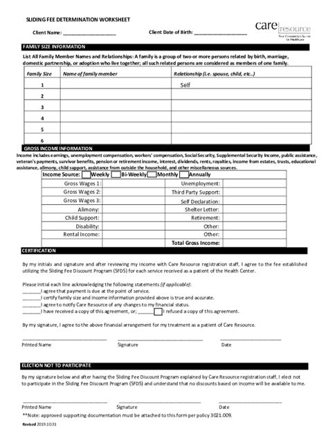 Fillable Online SLIDING FEE DETERMINATION WORKSHEET Care Resource