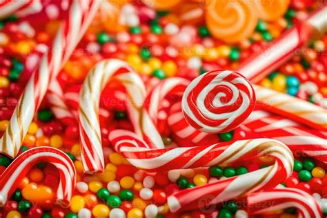 Many Candy Canes And Candy Lollipops Are Scattered On A Table Ai