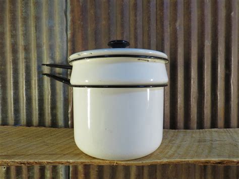 Vintage Enamelware Double Boiler Pans White With Black Trim Etsy