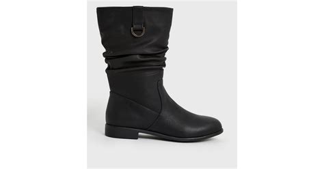 Black Leather Look Mid Calf Slouch Boots New Look