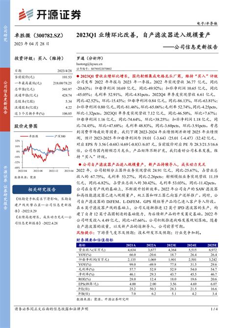 卓胜微（300782）公司信息更新报告：2023q1业绩环比改善，自产滤波器进入规模量产 洞见研报 行业报告