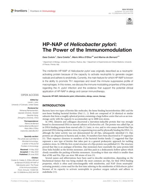 Pdf Hp Nap Of Helicobacter Pylori The Power Of The Immunomodulation