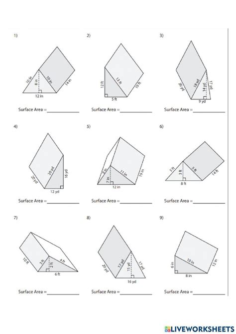 Surface Area Of Triangular Prisms Worksheet Live Worksheets