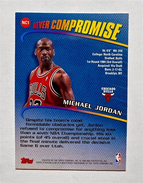 Michael Jordan Stadium Club Never Compromise Insert Nc Bulls