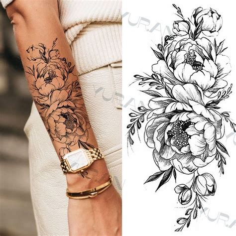 Black Large Snake Flower Fake Tattoo Sticker For Women Dot Rose Peony