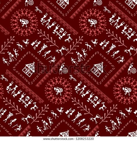 Warli Art Painting Seamless Pattern Hand Stock Vector Royalty Free