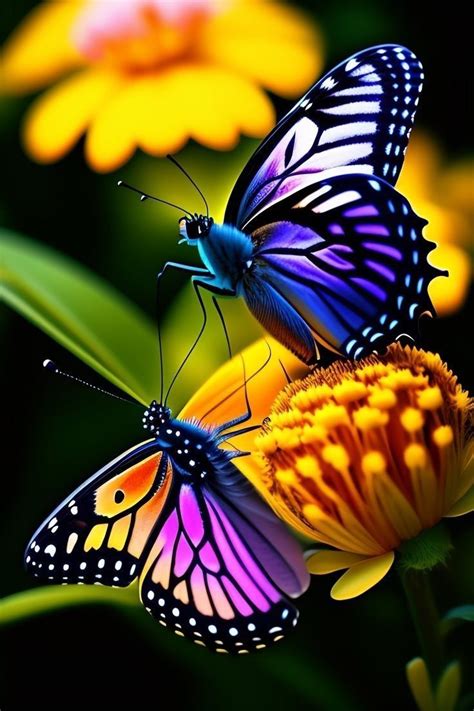 Two Butterflies Sitting On Top Of Yellow Flowers