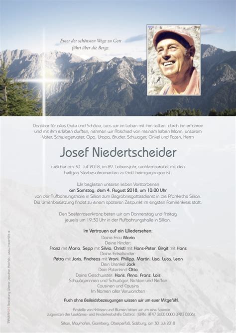 Todesanzeige Josef Niedertscheider Trauer Link