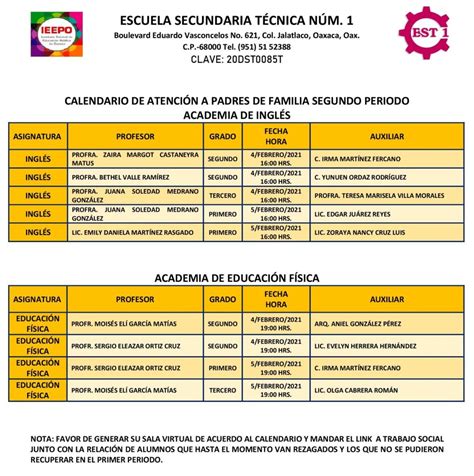 Comunicado Calendario de atención a padres de familia EST Núm 1