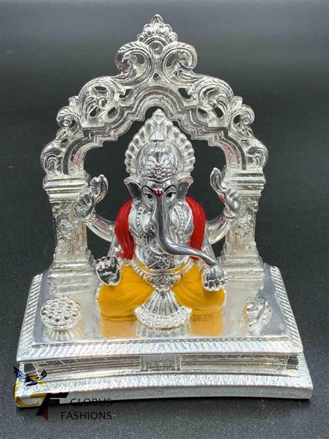 Silver Coated With Enamel Paint Ganapathy Idol Silver Coat Enamel