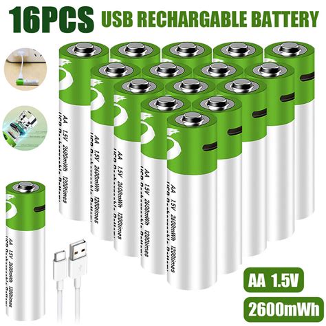 16 X 1 5V 2600mWh AA Lithium Li Ion USB Cable Rechargeable Batteries