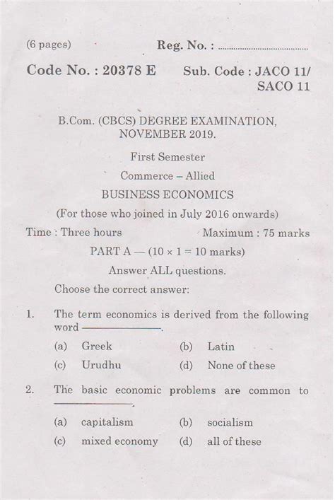 Business Economics Question Papers Pages Reg No