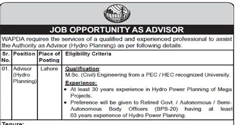 WAPDA Jobs 2023 Opportunity As Advisor Apply Now Jobzsearcher