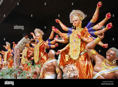 Durga Idols With Demon Making At Kumartuli Calcutta West Bengal