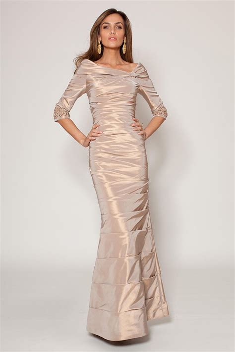 Long Champagne Dress With Wide Neckline And Elbow Length Sleeves 62920