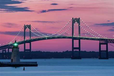 Goat Island Lighthouse And Claiborne Pell Bridge Newport Rhode