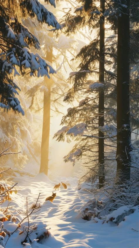 Winter Sunrise In Forest Snowy Landscape With Sunrise Sunbeams