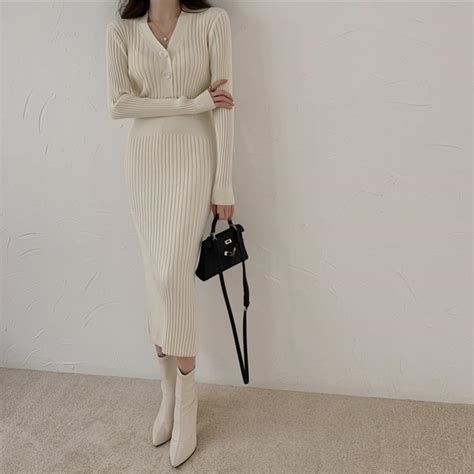 Buy Autumn Winter Knit Straight Long Sweater Dress Women Sexy V Neck