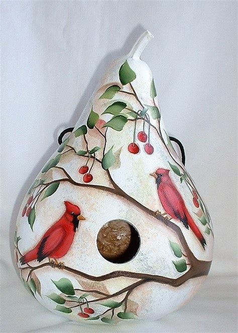 Cardinals And Cherries Gourd Birdhouse Hand Painted Gourds