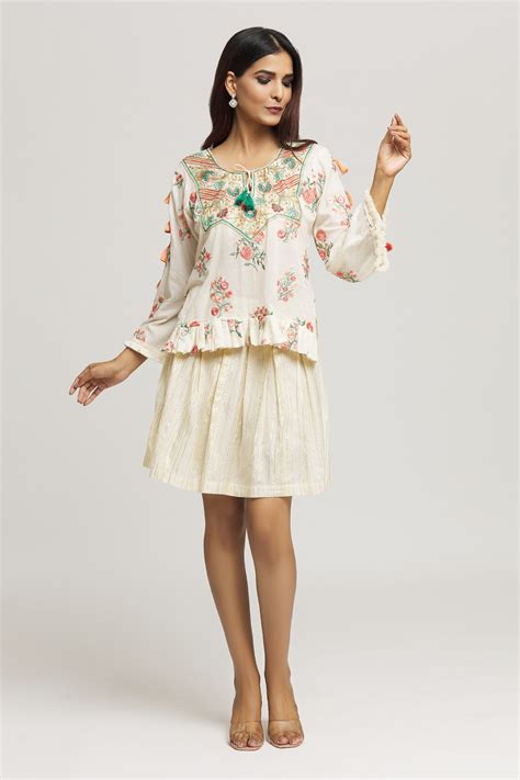 Buy Cream Cotton Embroidery Floral Round Neck Top With Skirt For Women