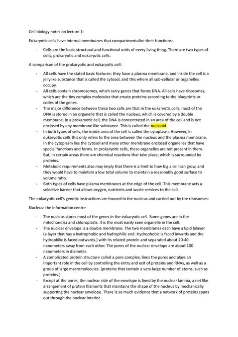 CBG Lecture 1 Notes Cell Biology Notes On Lecture 1 Eukaryotic Cells