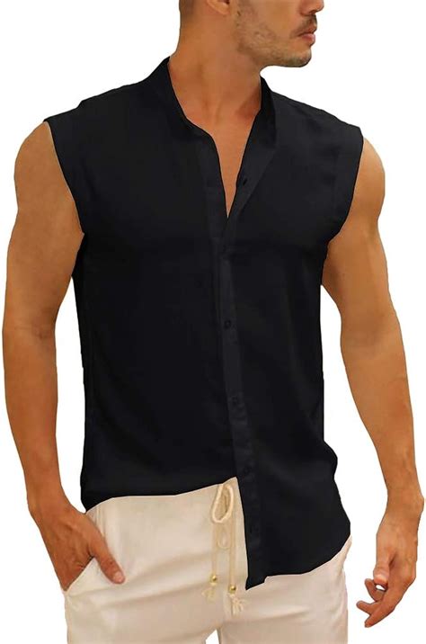 Bbalizko Mens Sleeveless Button Down Shirts Linen Cotton Summer Beach