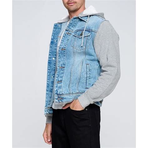 Mens Jean Jacket Hoodie Cotton Denim Long Sleeve Hybrid Hooded Trucker Jacket Light Blue Xl