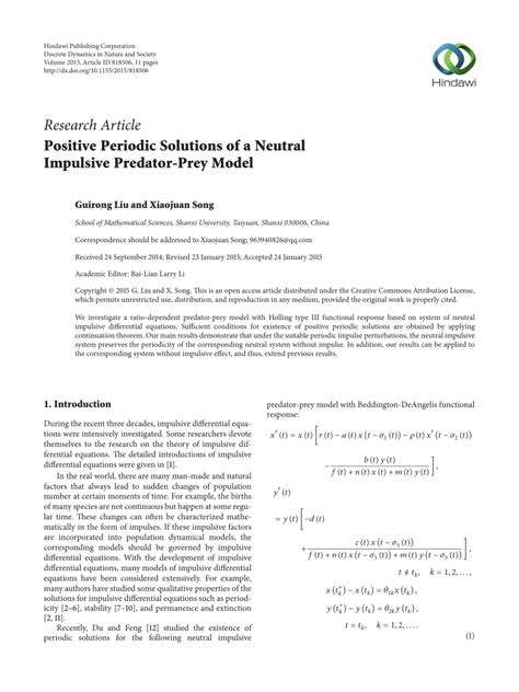 Pdf Positive Periodic Solutions Of A Neutral Impulsive Predator Prey