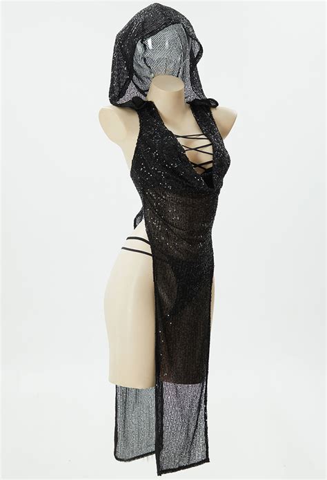 Gothic Sexy Lingerie Outfit Translucent Sequins Lace Up Lingerie Set With Arm Sleeves In Stock