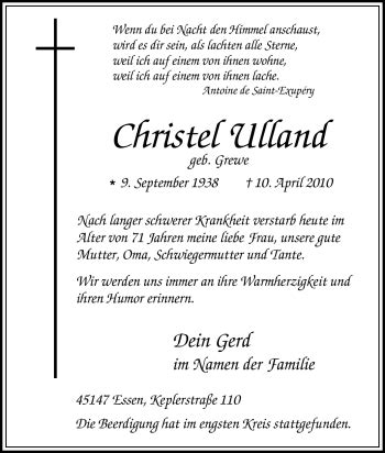 Traueranzeigen Von Christel Ulland Trauer In Nrw De