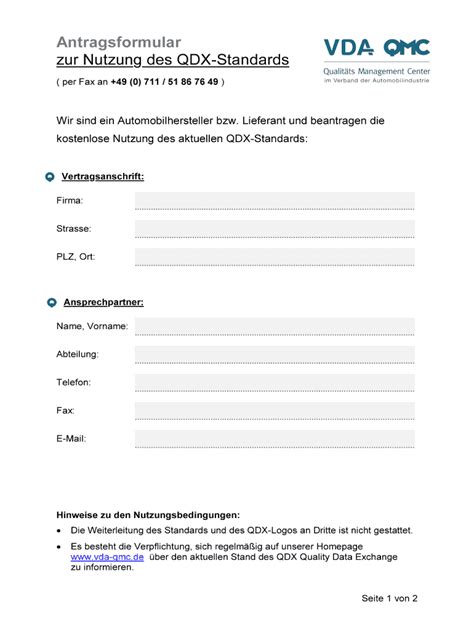 Ausf Llbar Online Antragsformular Zur Nutzung Des Qdx Standards Fax