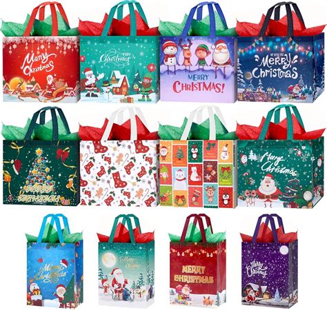 12 Pack Christmas Bags With Tissue Paper Reusable Tote Bags With