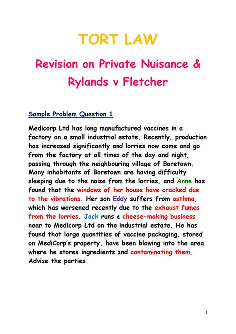 Answer Guide Private Nuisance Ryland V Fletcher Question 1 Tort