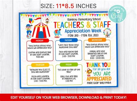 EDITABLE Teacher And Staff Appreciation Week Flyer Itinerary Week Self