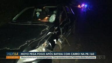 Meio Dia Paraná Ponta Grossa Moto pega fogo após batida carro