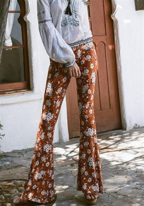 Spring Printed High Waist Floral Print Flare Pant Xl Brown Printed