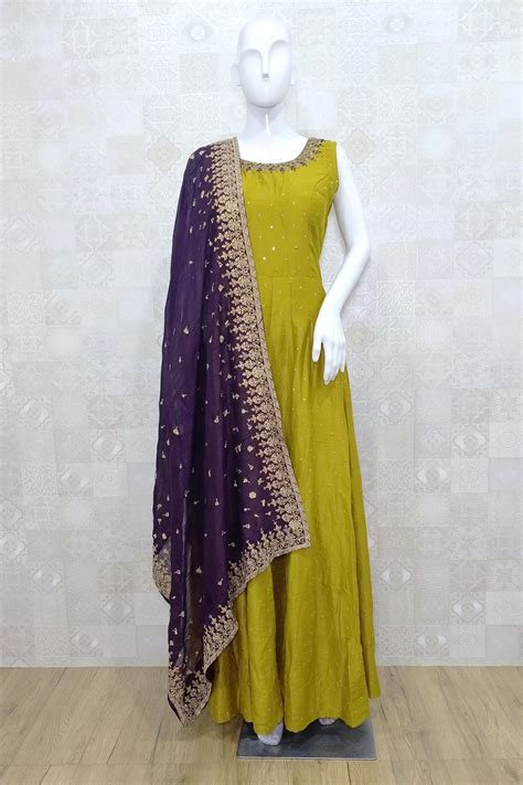 Mehndi Color Gown With Wine Color Embroidered Dupatta My Shoppy