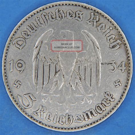 1934 J Germany Third Reich 5 Reichsmark Marks Silver Coin